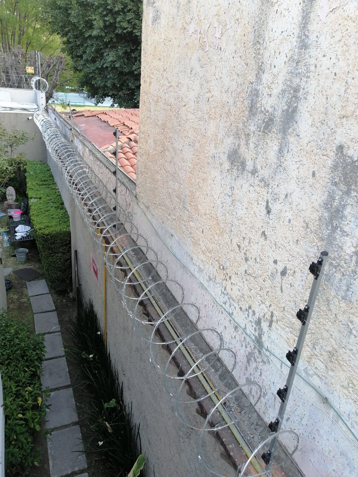 Muro de seguridad rematado con alambre de púas y cerca eléctrica, junto a un jardín.