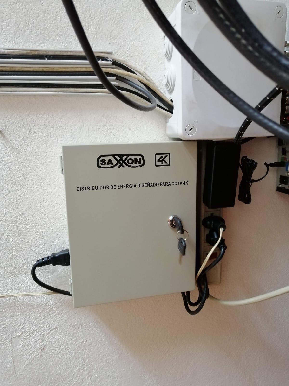 Una caja de sistema de seguridad de color beige montada en una pared con un cable de alimentación y una llave.