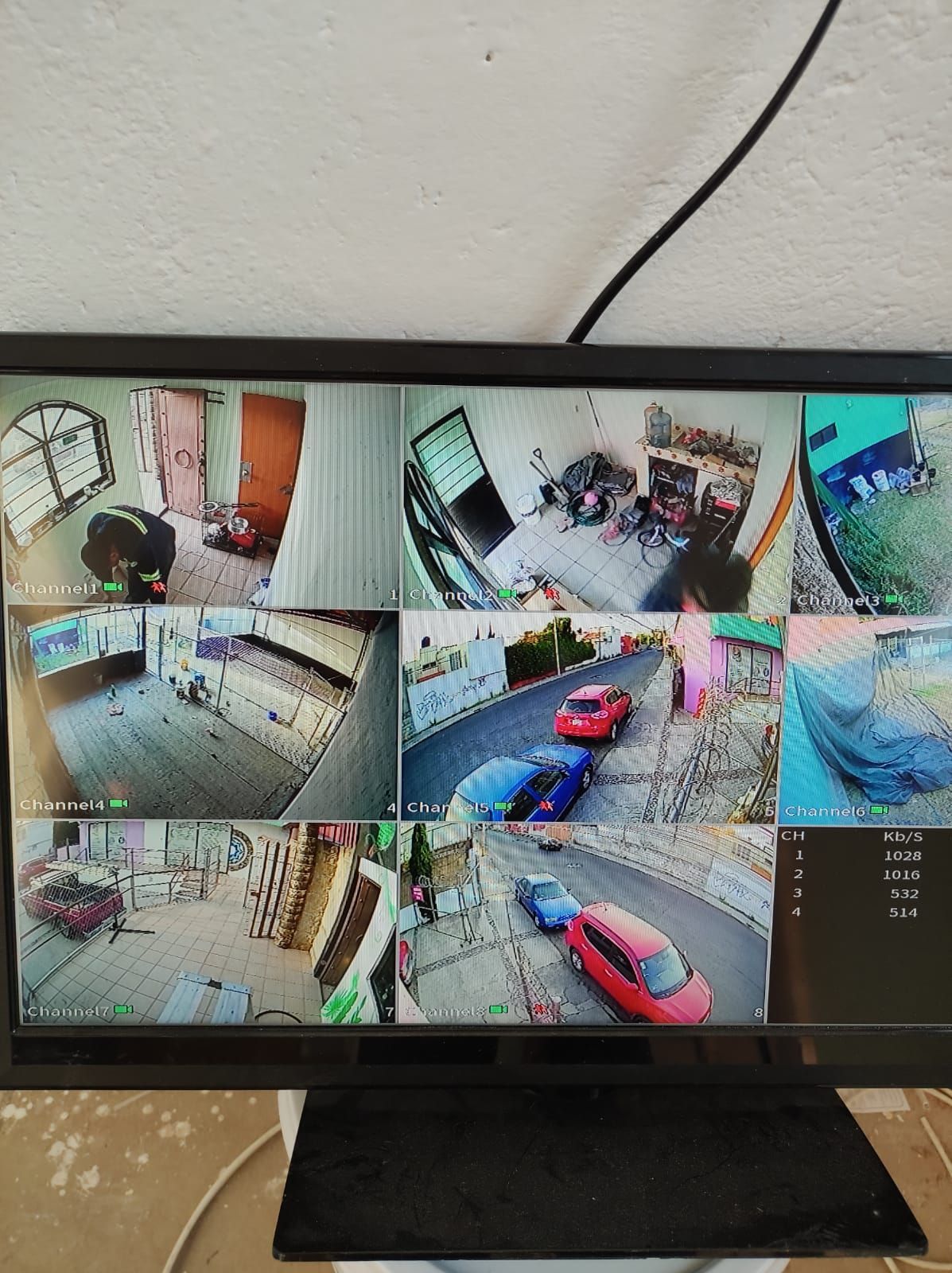 Un monitor de vigilancia muestra ocho transmisiones de cámaras en vivo: habitaciones interiores, calles y vistas de automóviles.