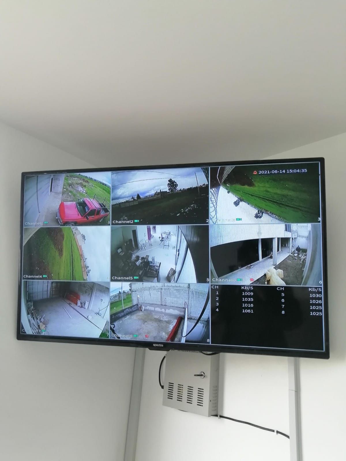 Monitor de seguridad que muestra imágenes en vivo de múltiples cámaras de vigilancia.