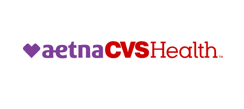 The aetna cvs health logo is purple and red with a heart in the middle.