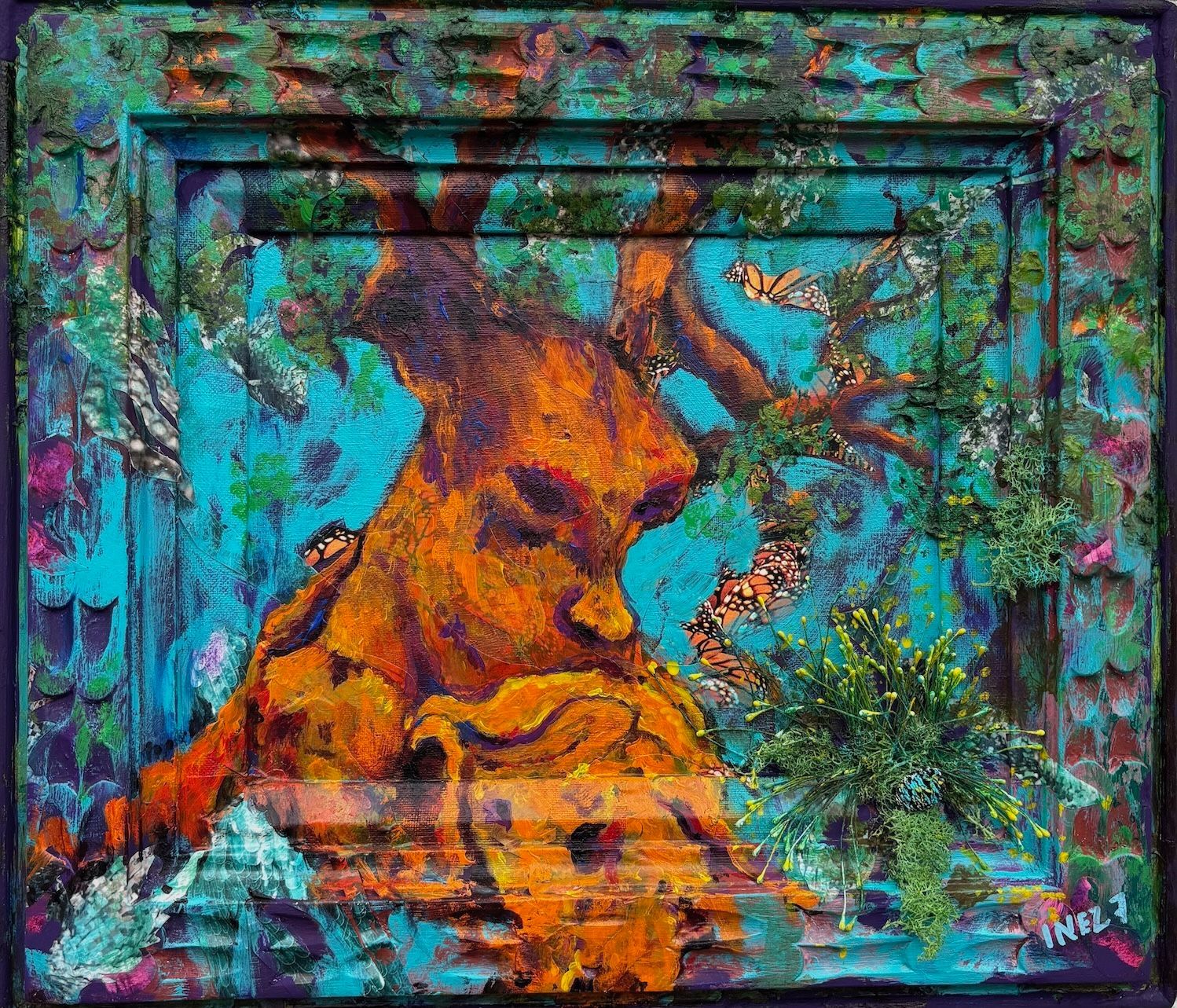 tree, painting, mytical tree, elder tree, acrylic, mixed media, colorfull painting