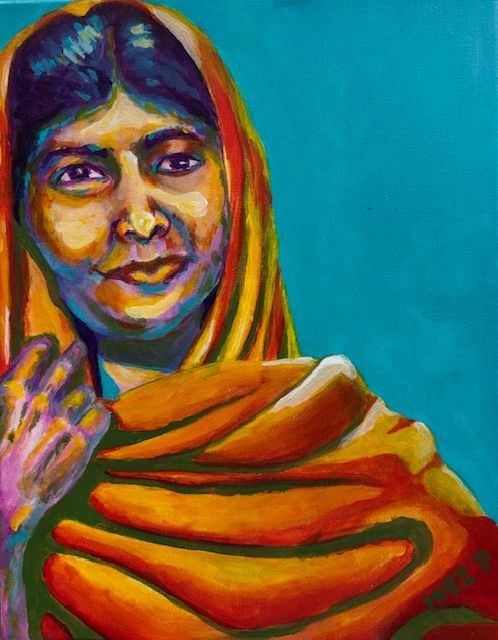 Malala Yousafzai, portrait, heroines, heroes, acrylic, women, artist, original art by Inez