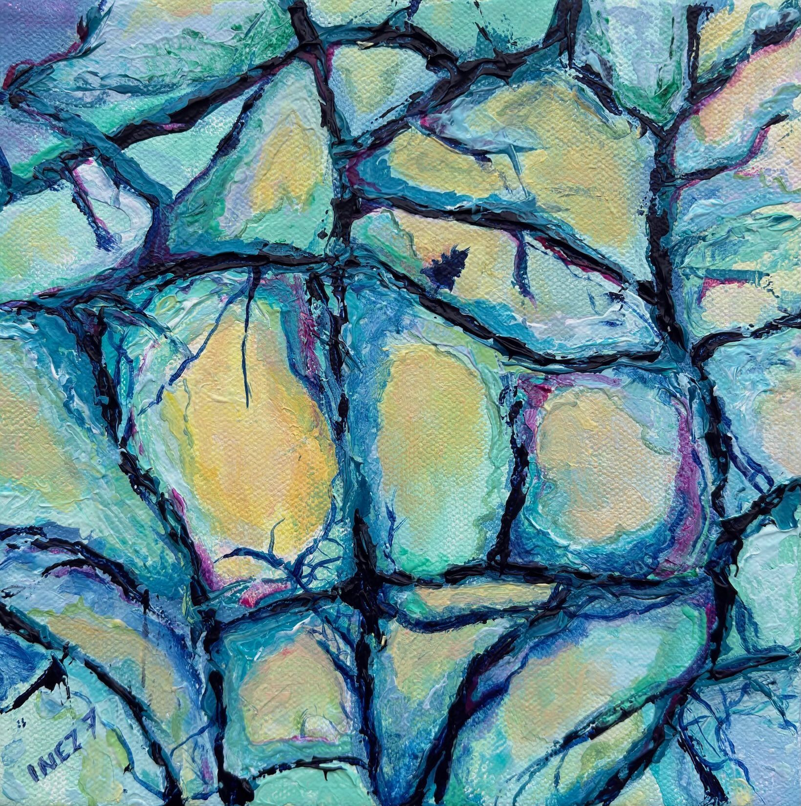 winter, snow, art, acrylic, small painting, blue color, inez sieben