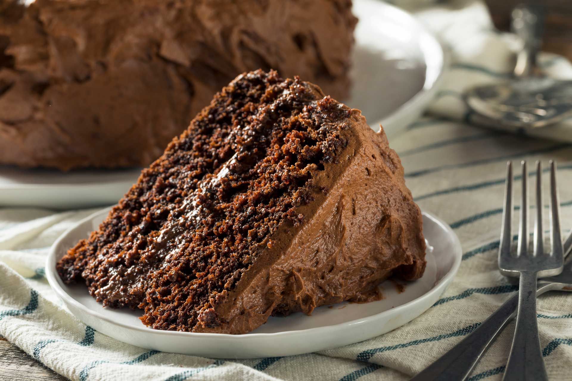 Slice of chocolate cake with chocolate frosting on a white plate.