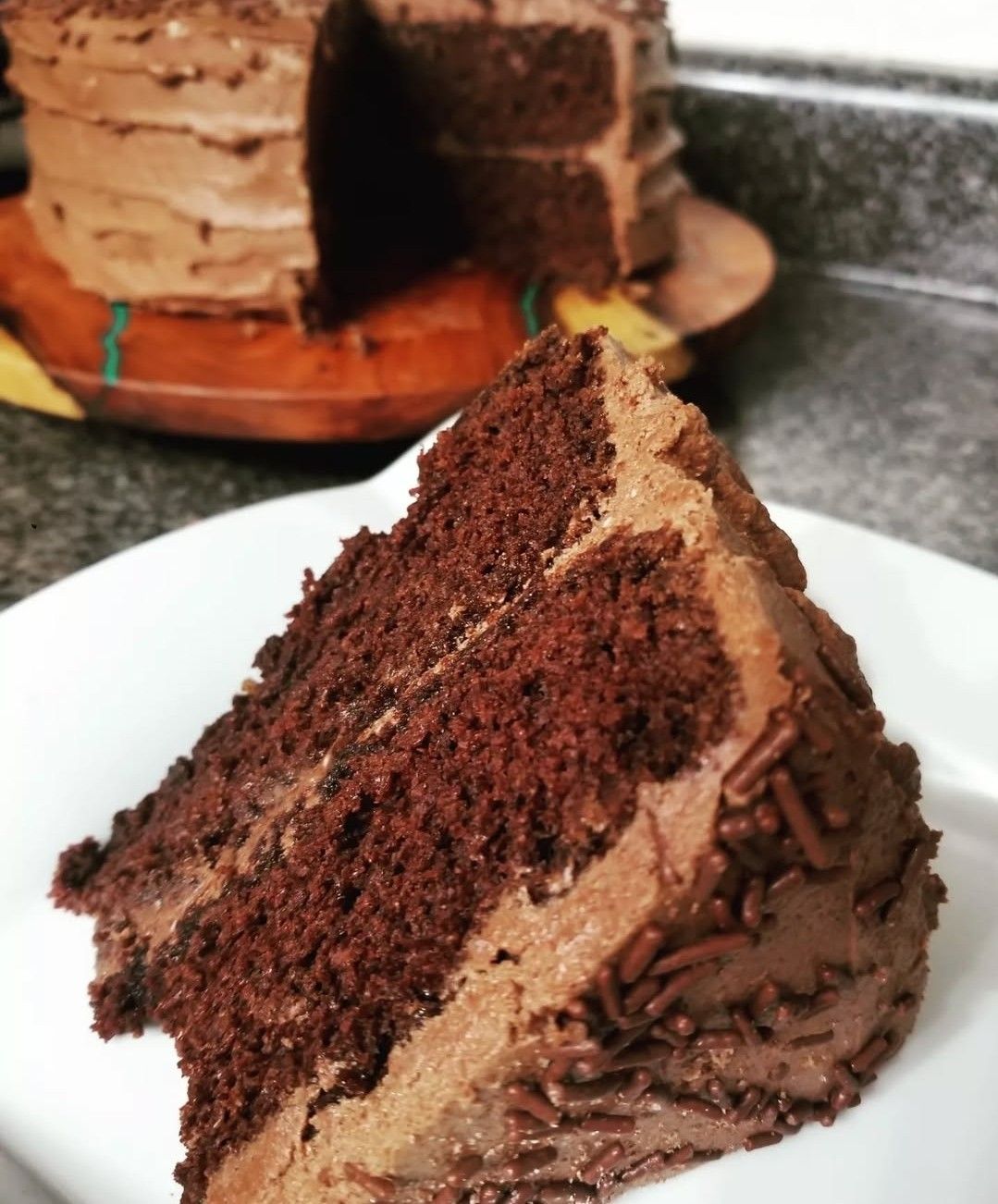 Slice of chocolate cake with chocolate frosting and sprinkles on a white plate. Whole cake in background.