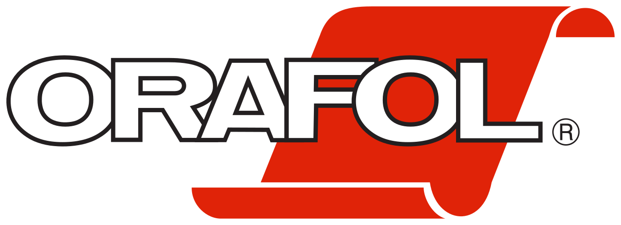 The orafol logo is a red and white logo with a red ribbon.