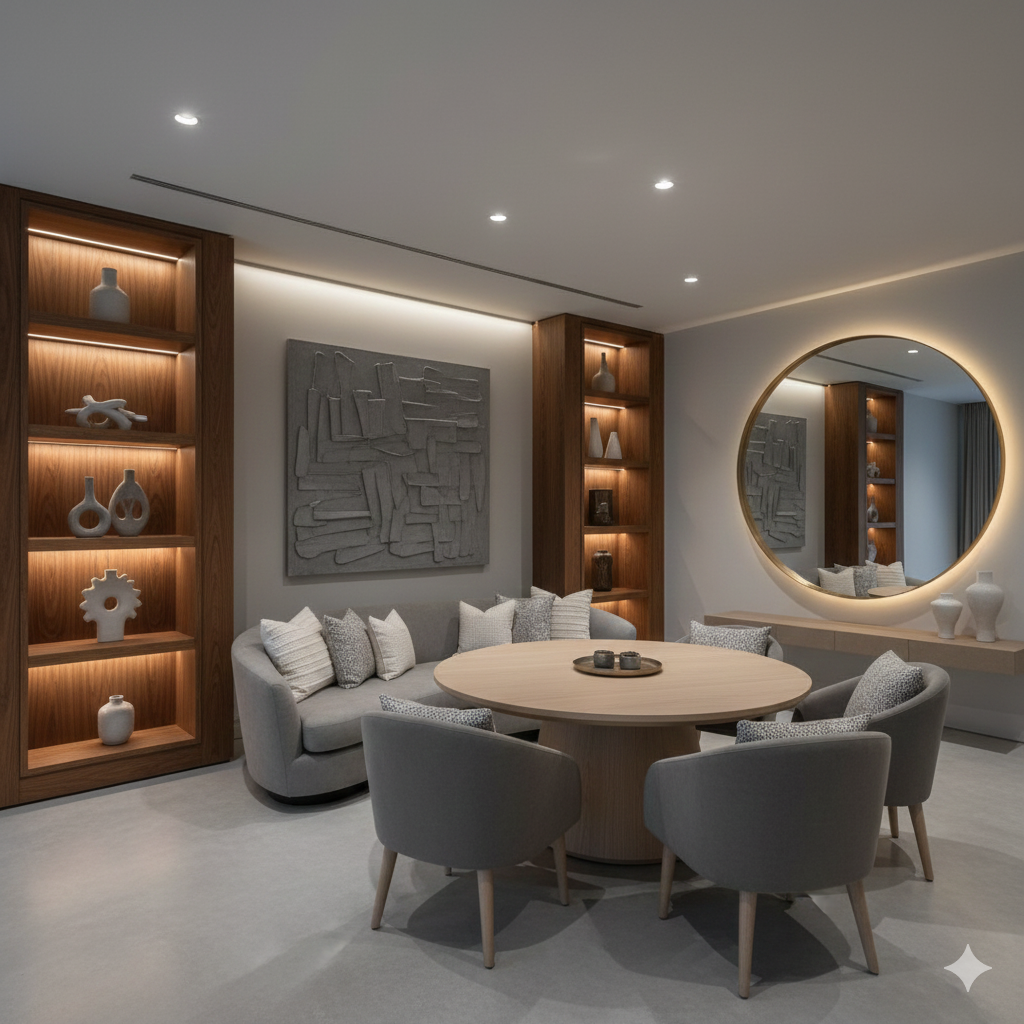 Modern dining area with round table, gray chairs, built-in shelves, and a large circular mirror.