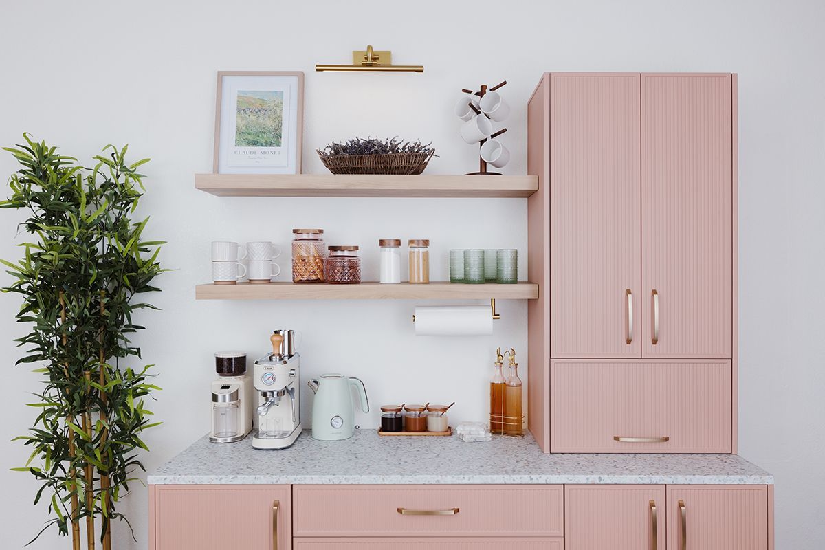 Pink kitchen with shelves, a cabinet, and a countertop. Includes a plant, jars, and other kitchen items.