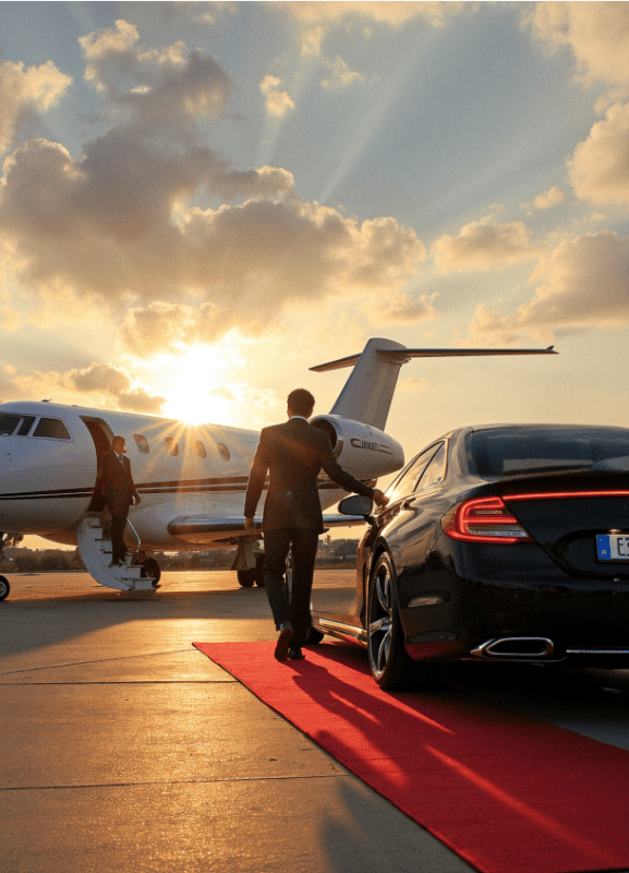 Man in suit walks toward car beside a private jet on a red carpet at sunset.
