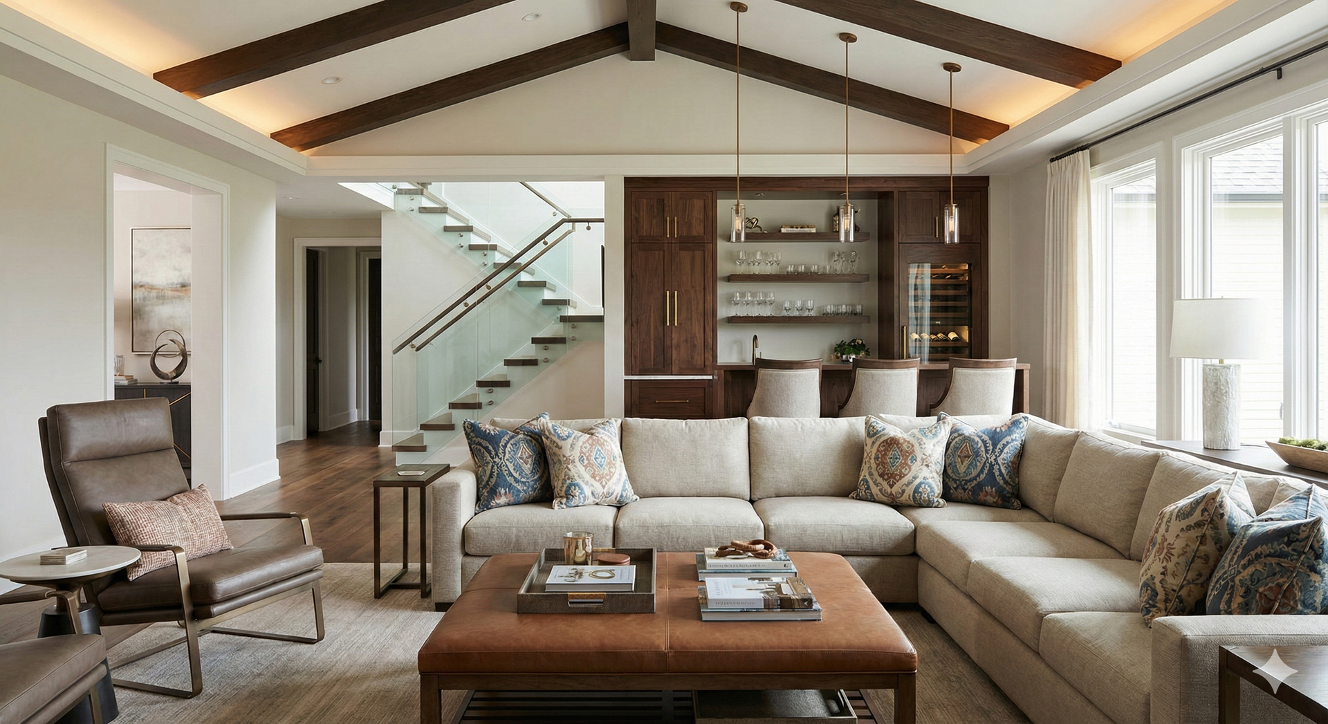 Living room with a sectional sofa, a bar, and a staircase. Beige, brown, and natural light.