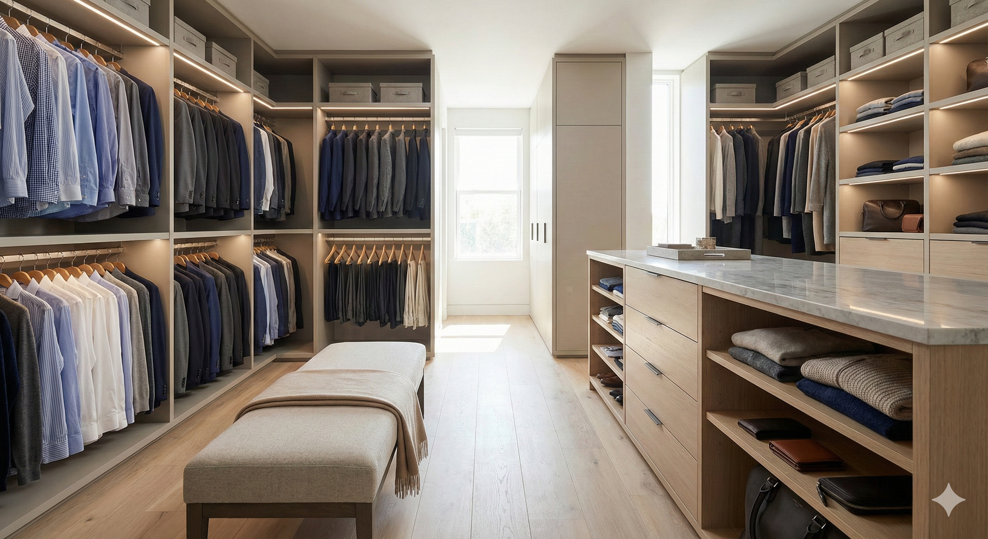Walk-in closet with hanging clothes, shelves, bench, and central island. Beige and white tones, well-lit.