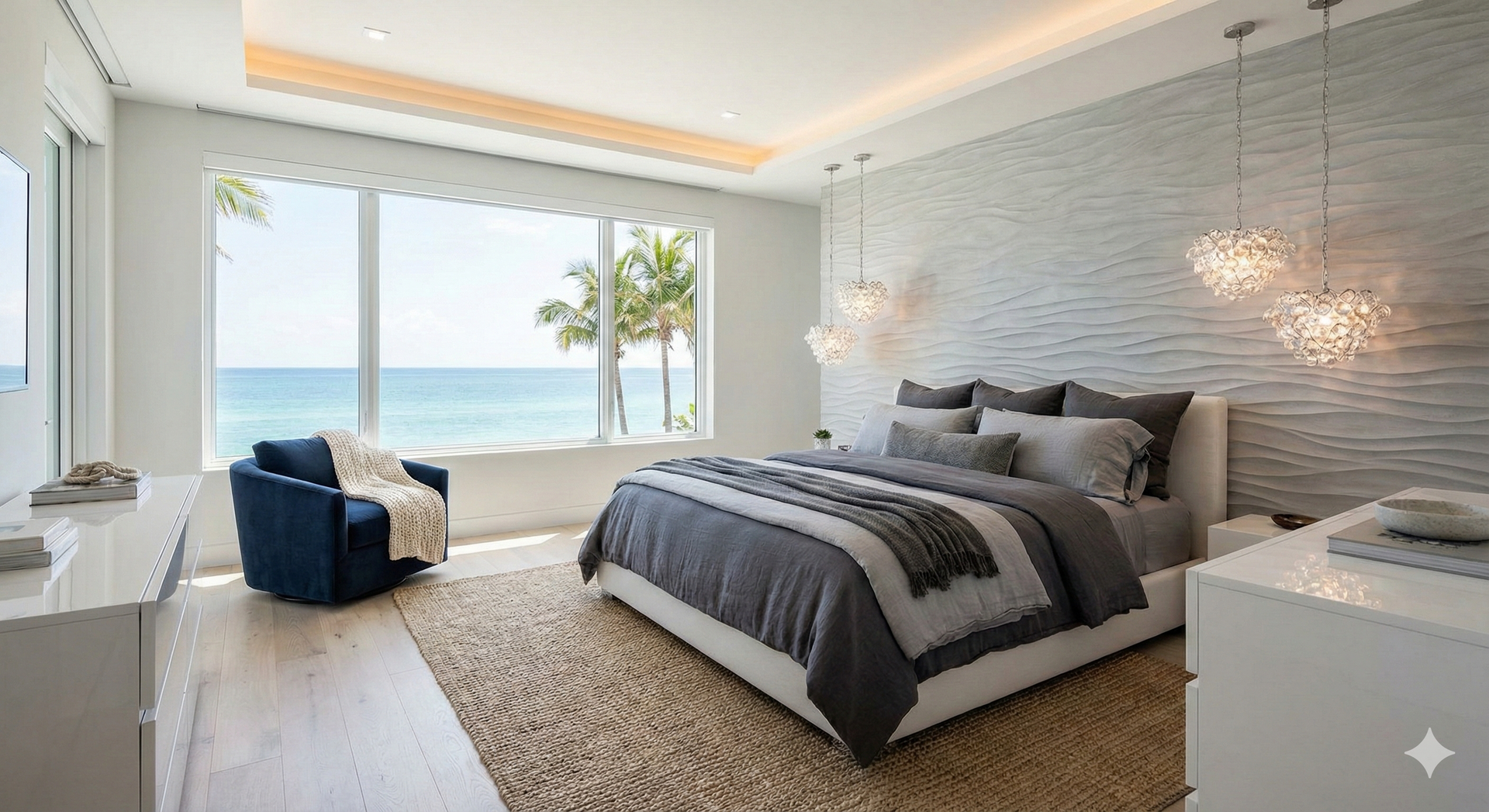 Bedroom with ocean view, white walls, gray bedding, blue armchair, large window, textured wall, pendant lights.