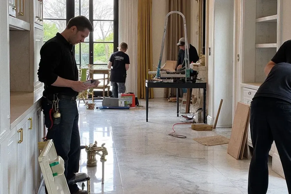 Men installing furniture in a well-lit room with large windows and built-in shelves.