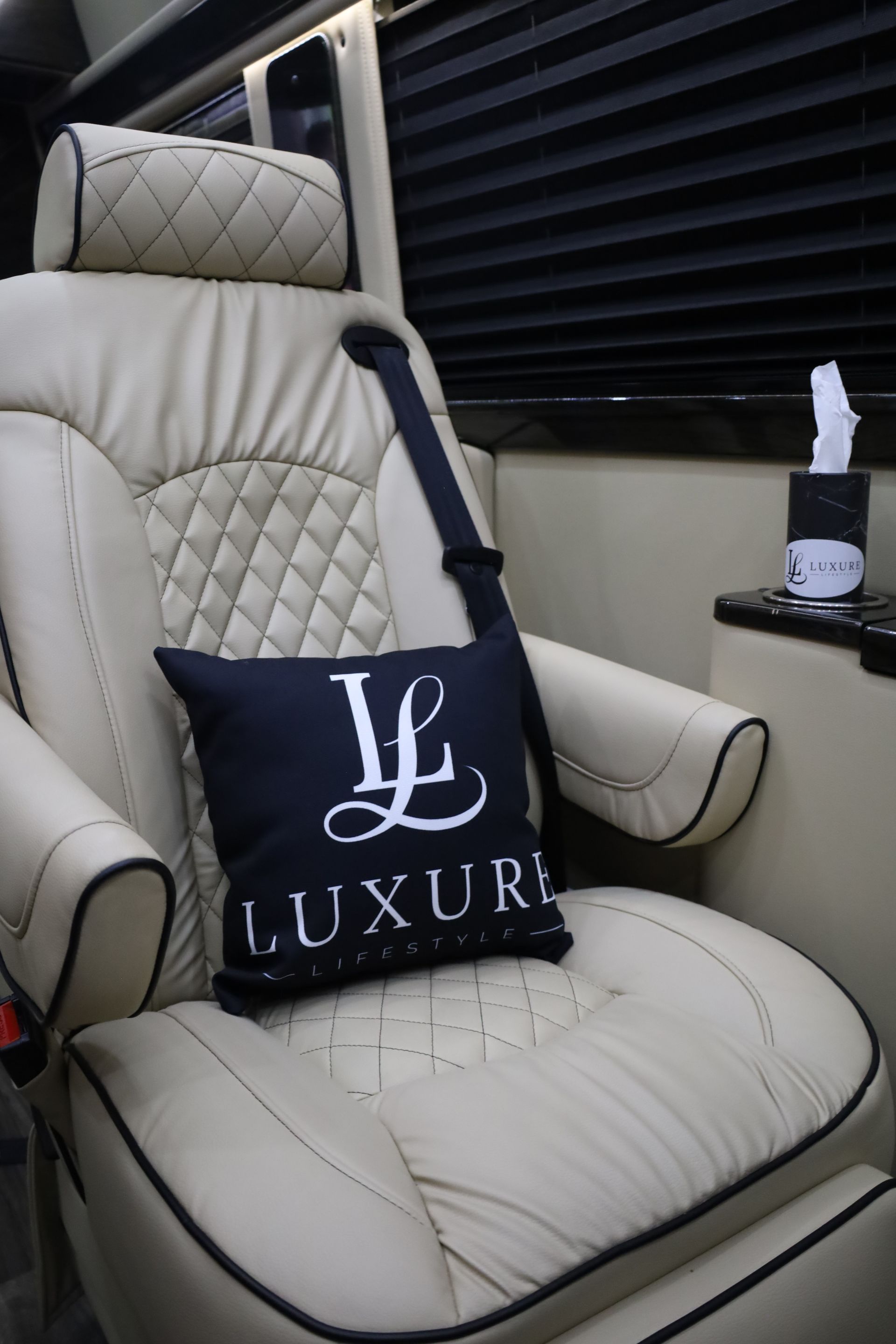 Beige leather seat in a luxury vehicle with a 