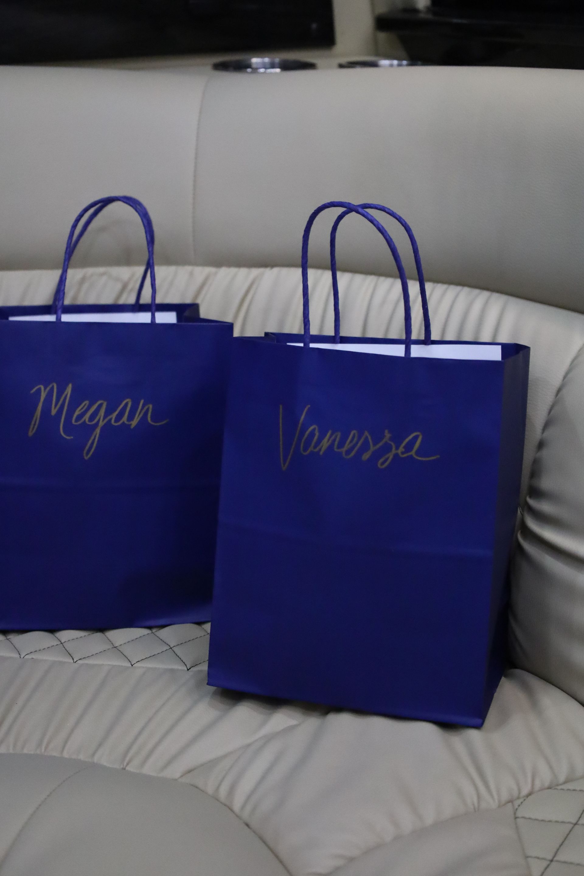 Two blue gift bags with gold lettering on a white couch; 