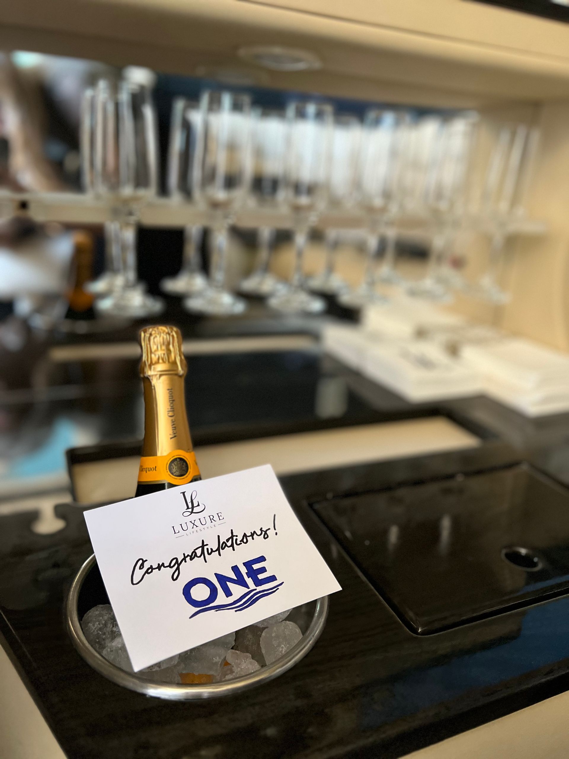 Champagne bottle in ice bucket with a