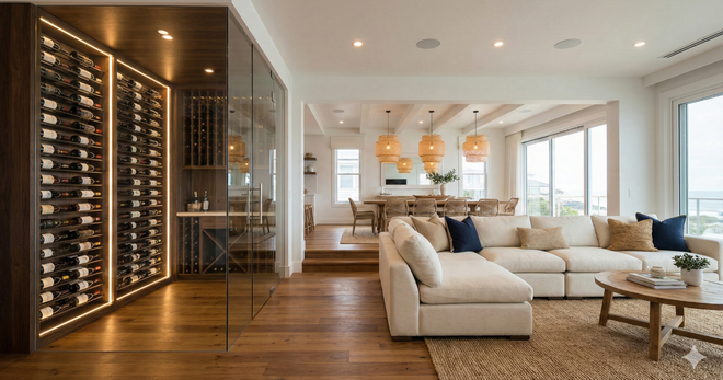 Wine cellar with glass door next to living room with sectional sofa and ocean view.