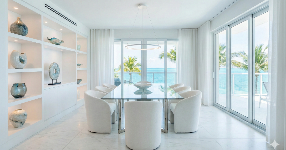 Elegant white dining room with ocean view, glass table, white chairs, and built-in shelving with decor.