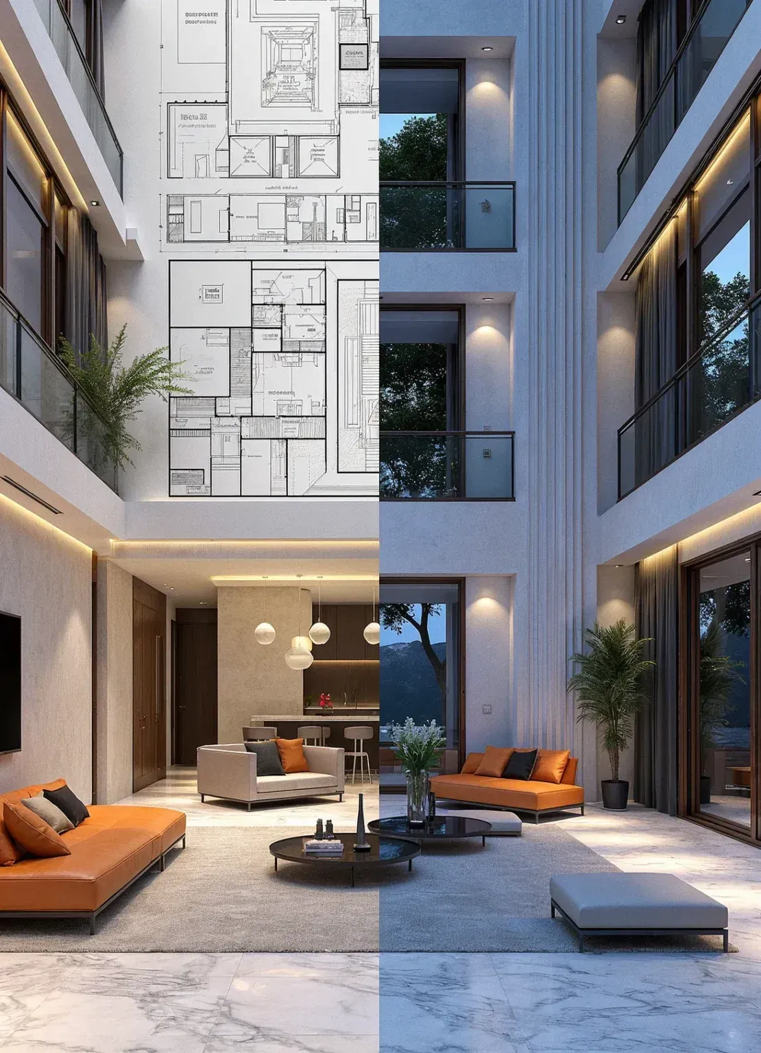 Architectural rendering: a modern home design with floor plans and a completed interior.