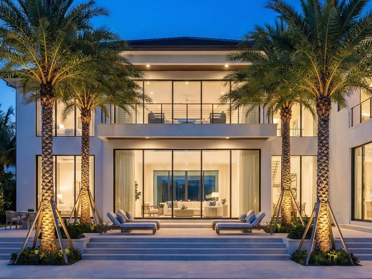 Modern white kitchen with island, stainless steel appliances, and wooden stools.
