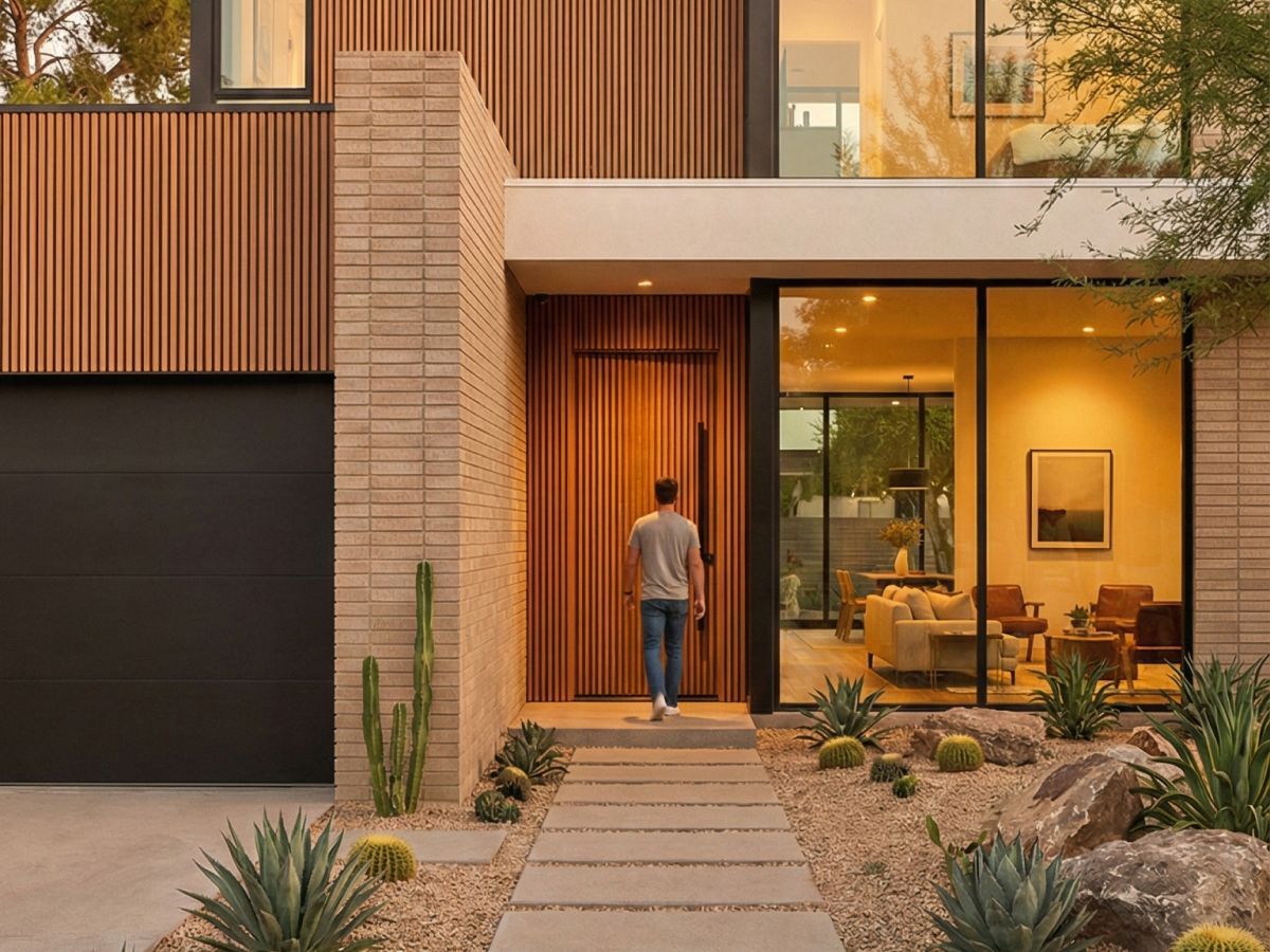 Modern white kitchen with a large island, stainless steel appliances, and wood stools.