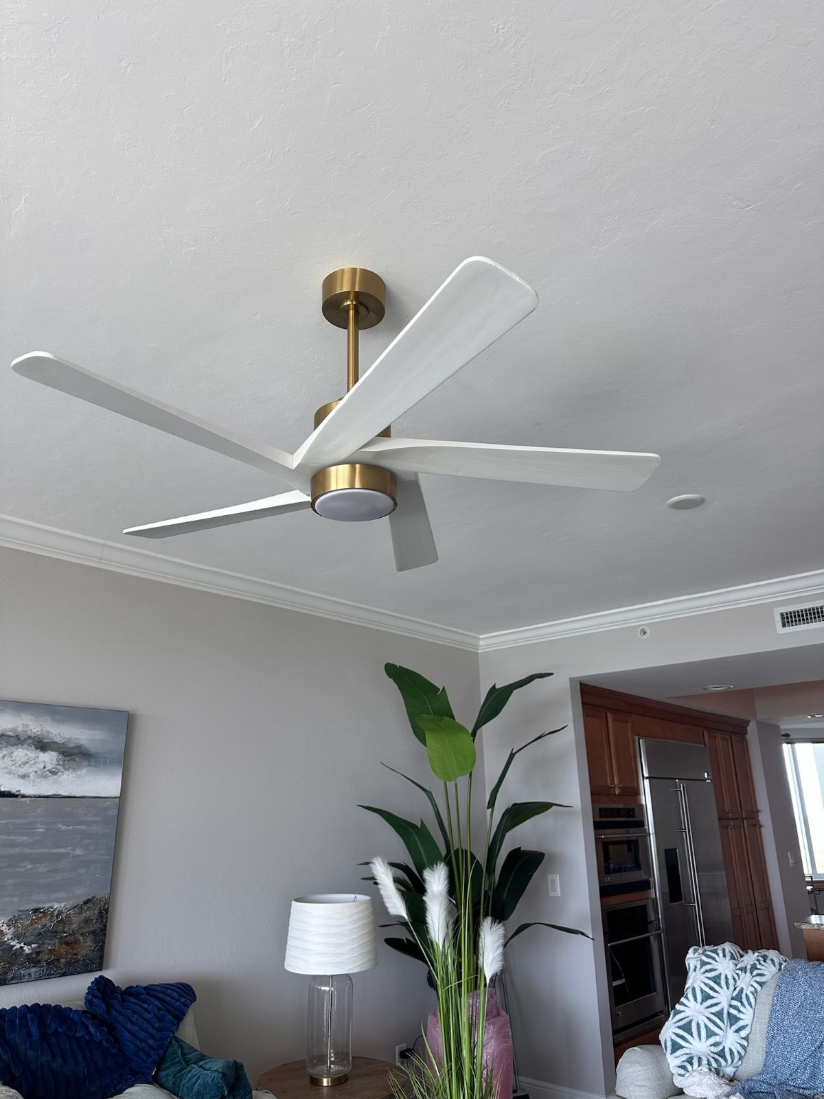 Ceiling fan with white blades and gold accents in a living room.