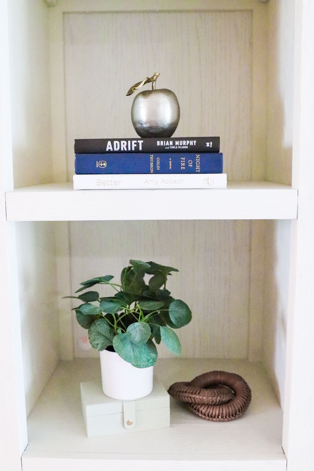 White bookshelf with books and decorative items, including a silver apple and a potted plant.