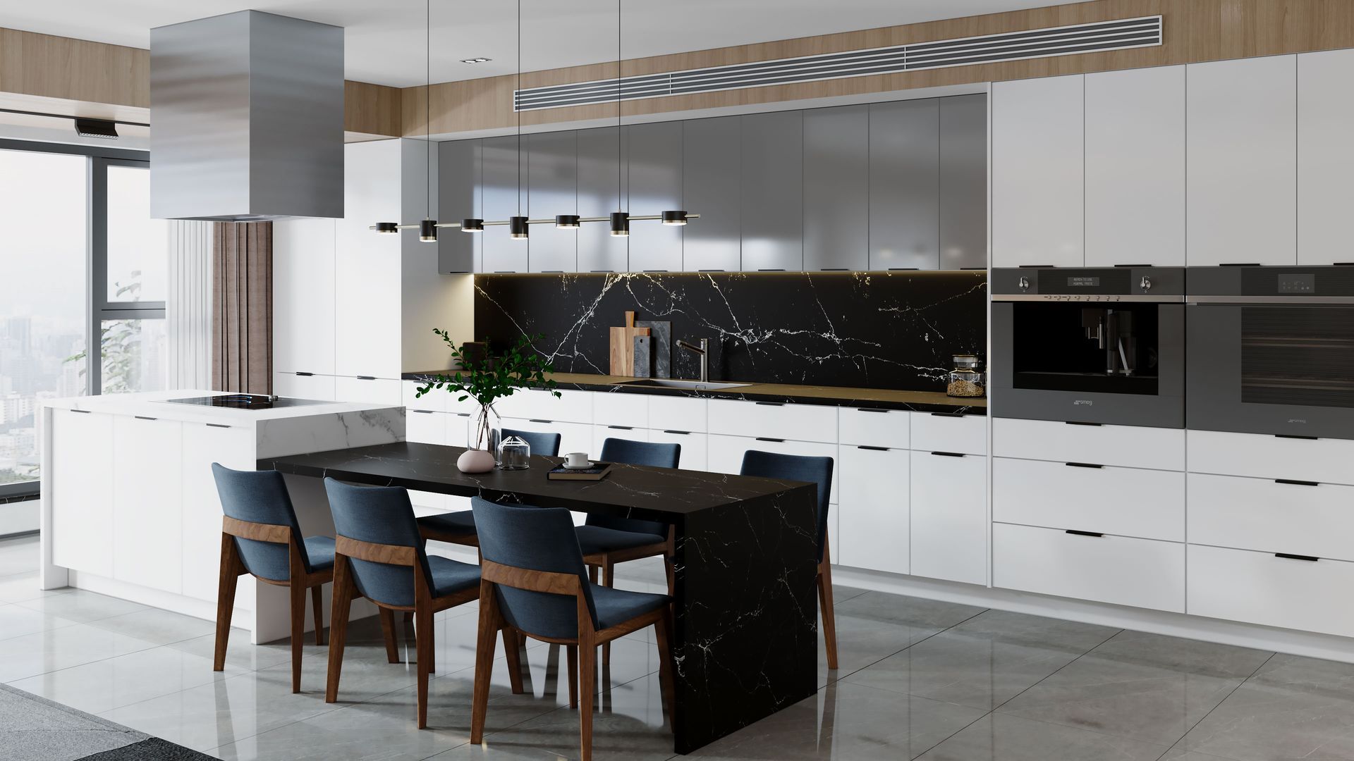 Modern kitchen with white cabinets, dark marble countertops, and a dining table with blue chairs.