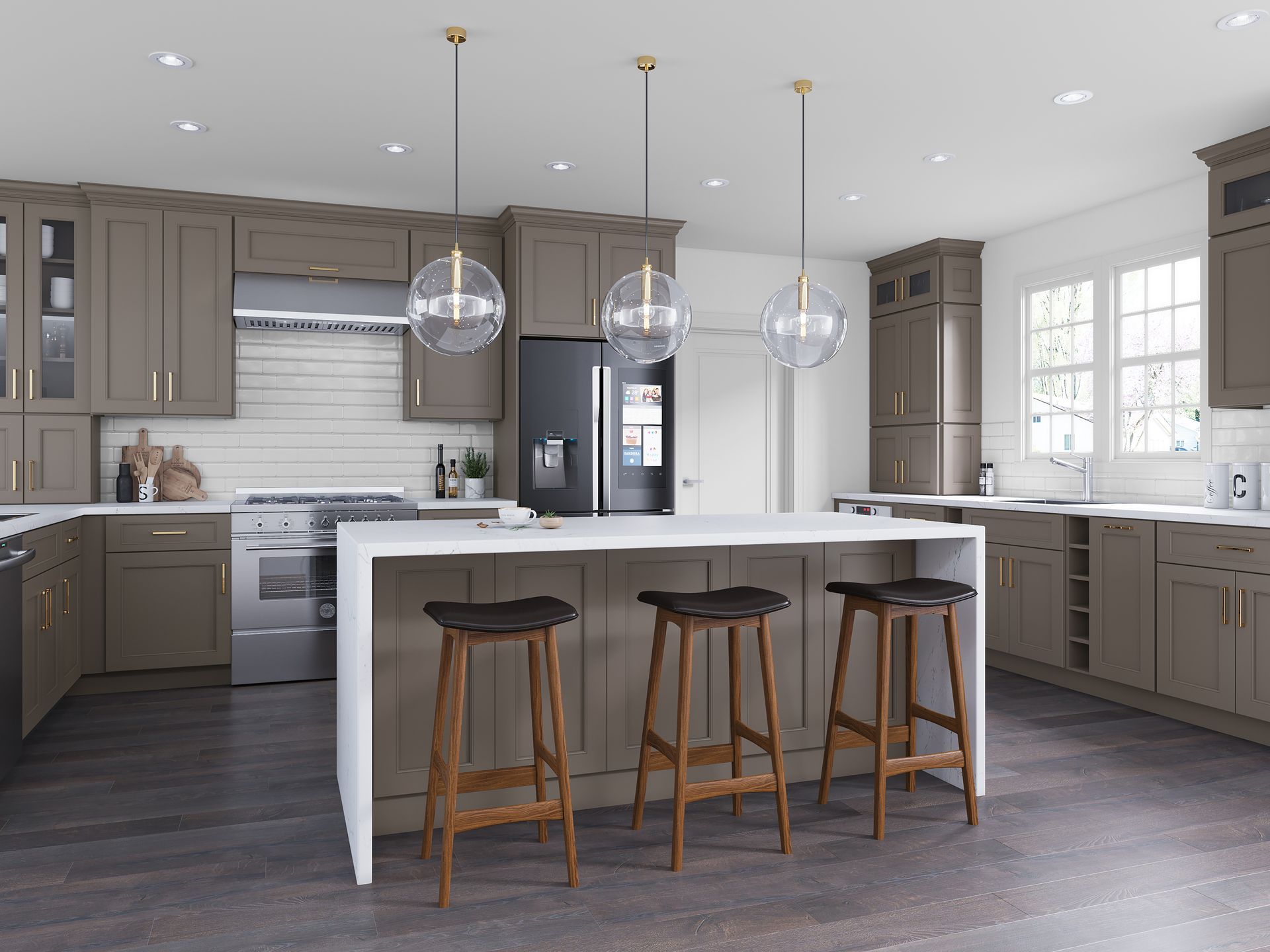 Modern kitchen with gray cabinets, white island, three brown stools, and pendant lights.