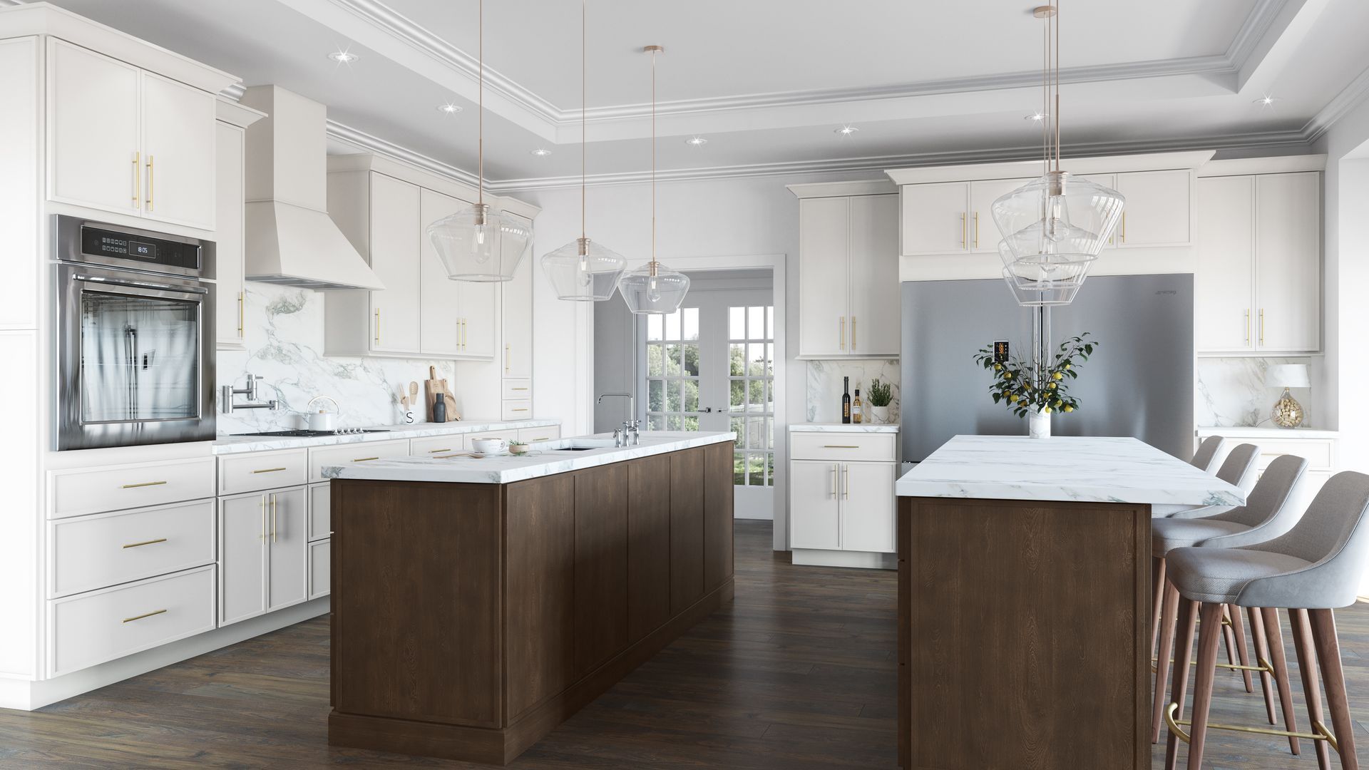 Elegant white kitchen with dark wood islands, marble countertops, and pendant lights.