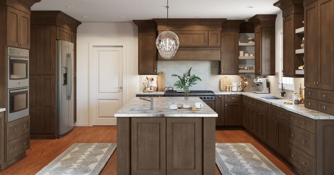 White kitchen with stainless steel appliances, marble countertops, and wooden stools.
