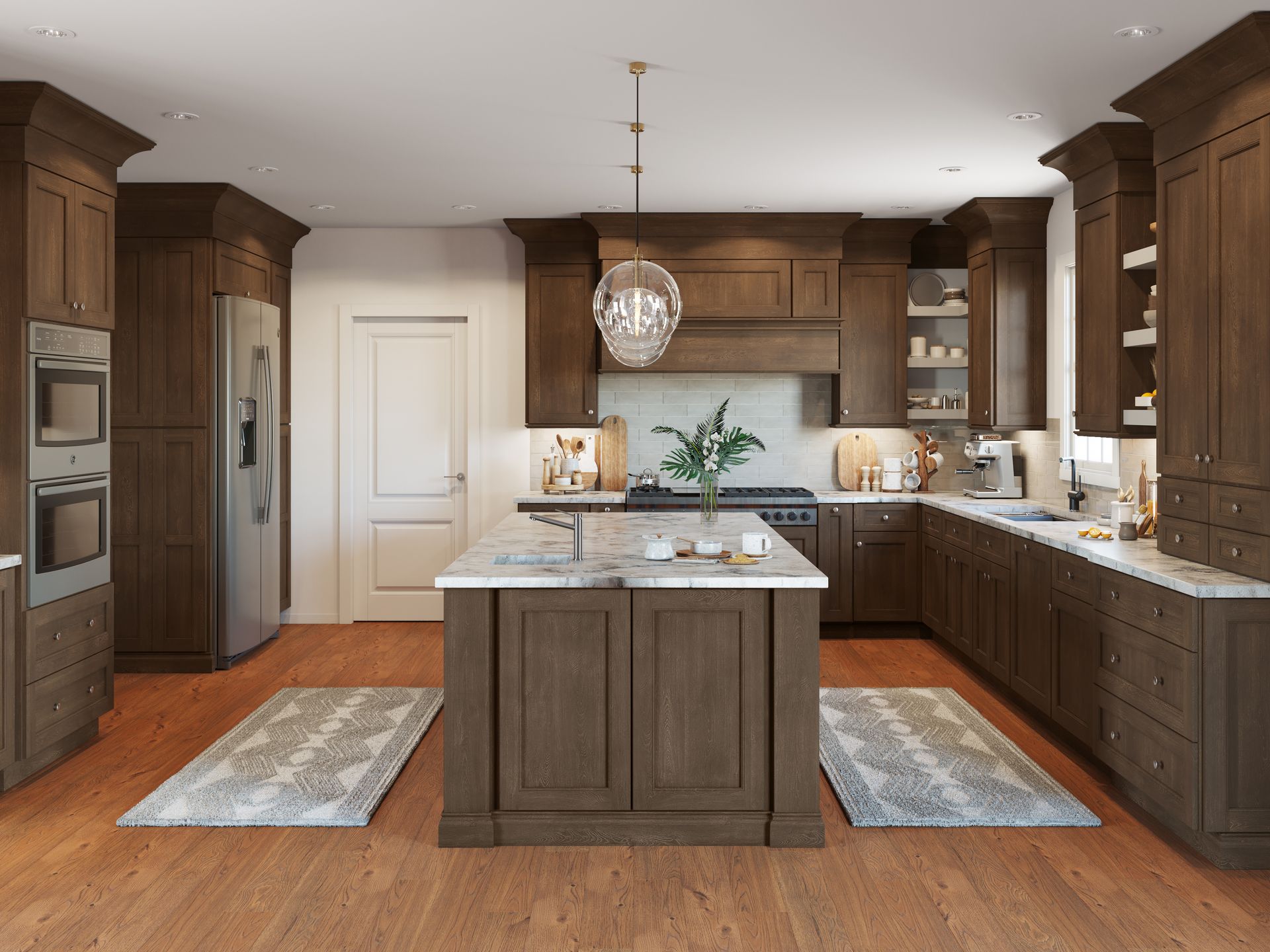 A kitchen with brown cabinets, a central island, and wood floors.