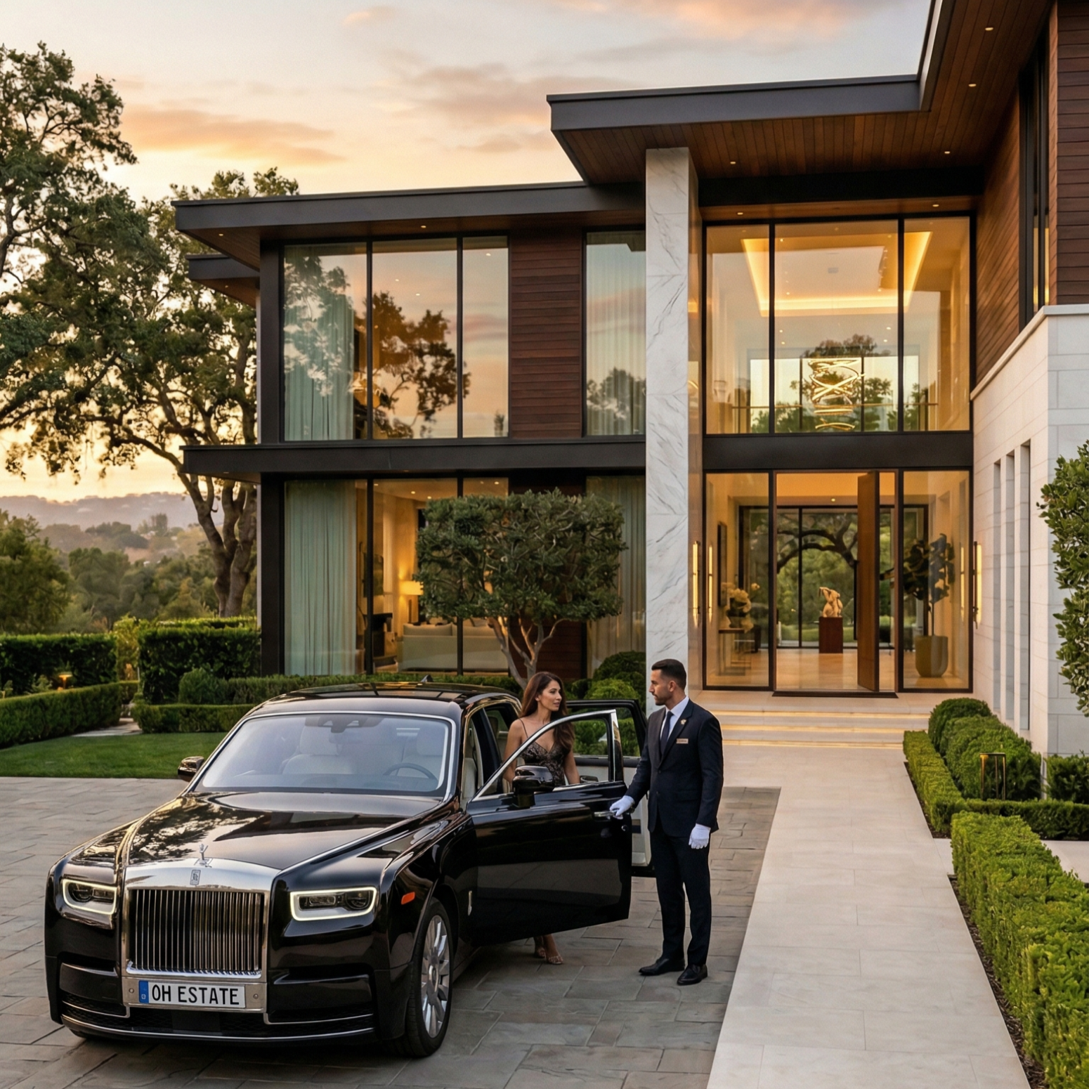 A chauffeur in uniform holds the door of a black Rolls-Royce for a passenger in front of a modern glass-fronted mansion.