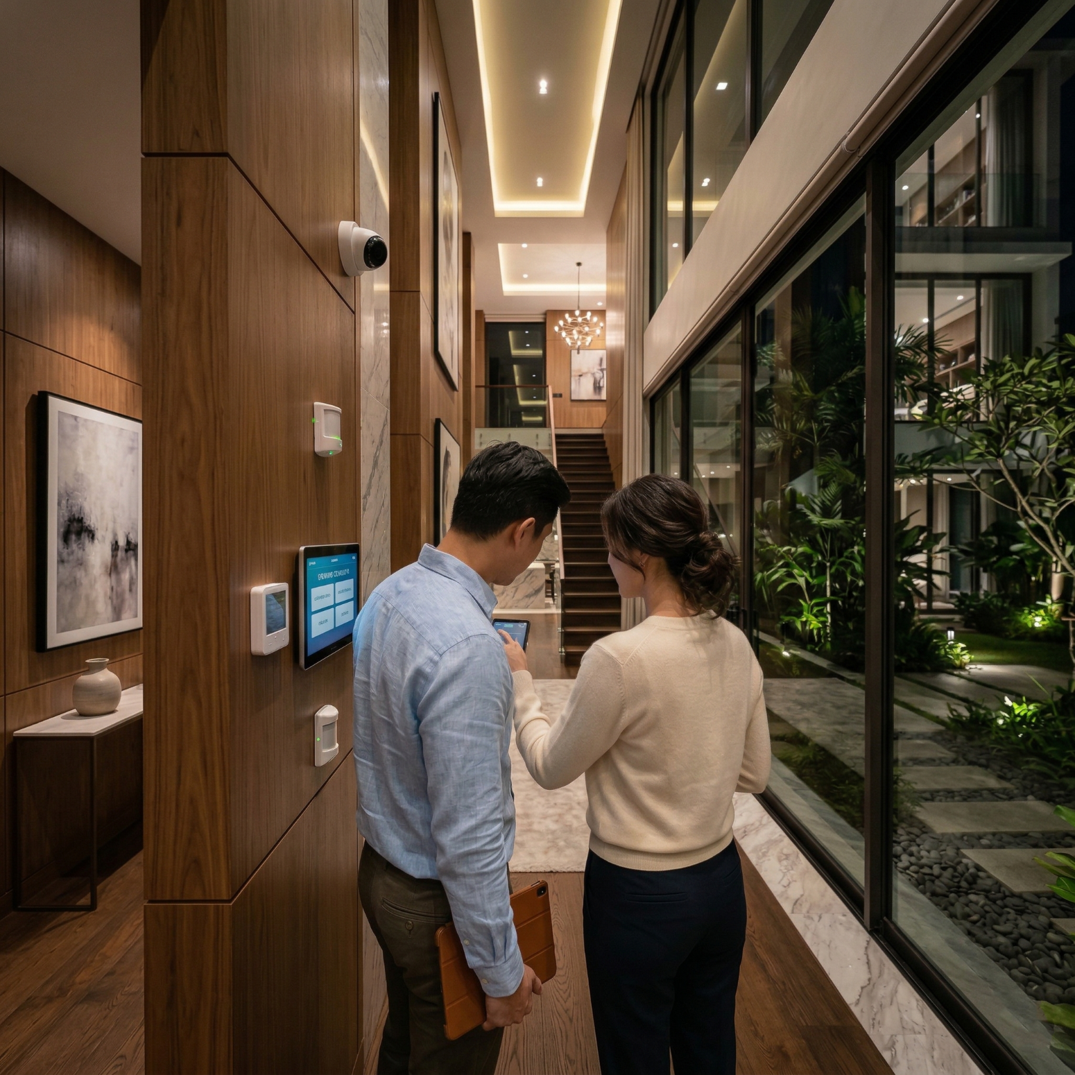 Two people standing in a modern hallway at night, interacting with a smart home wall control panel.