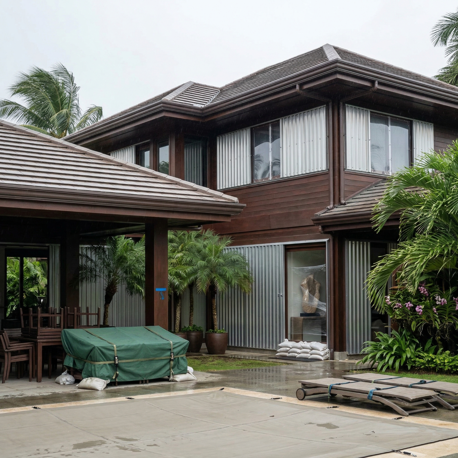 Workers in high-visibility vests and hard hats install exterior storm shutters on a house during a cloudy day.