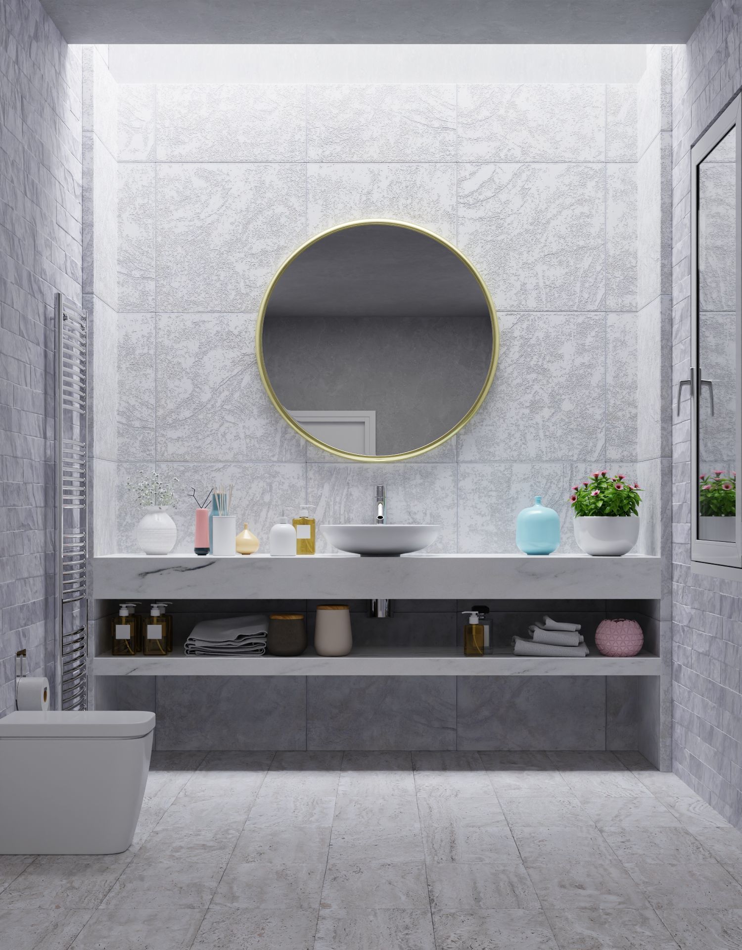 Modern bathroom with freestanding tub, plants, and accent lighting.