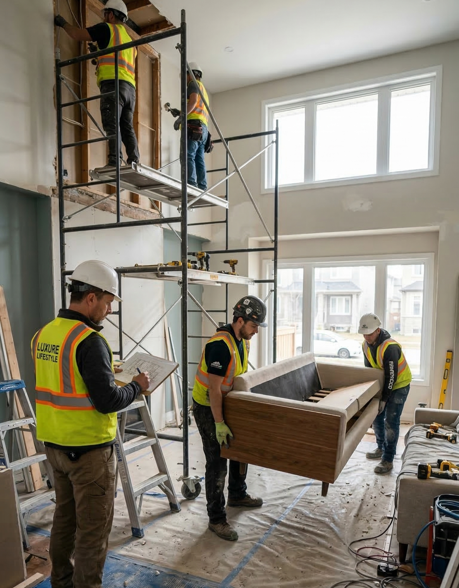 Construction crew in high-visibility vests working on home renovations, moving furniture and using scaffolding.