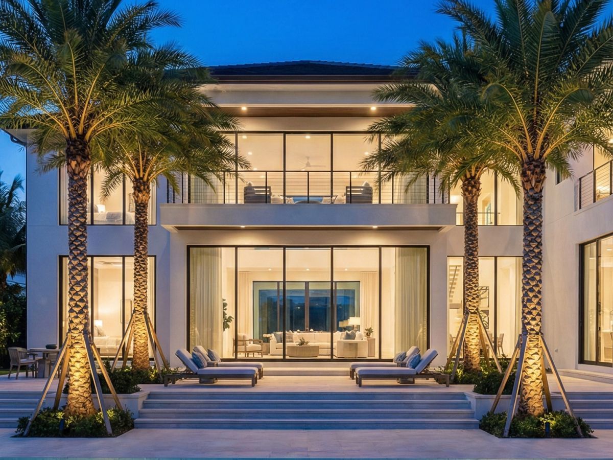 Living room with a sectional sofa, a bar, and a staircase. Beige, brown, and natural light.