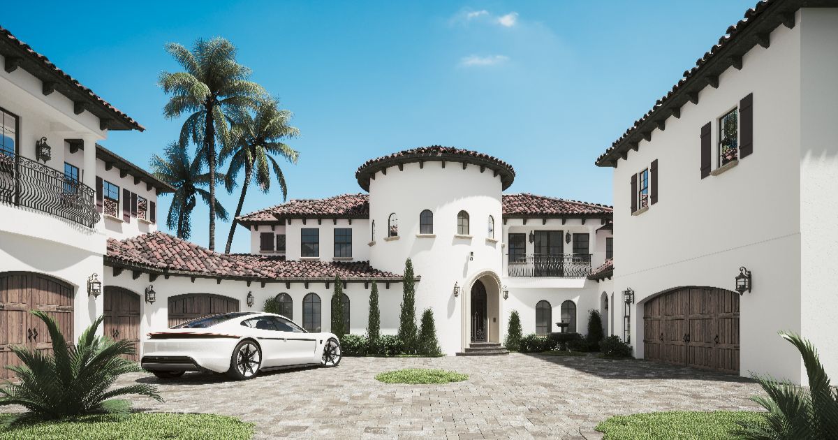 White luxury home with a car parked in front; palm trees and blue sky visible.