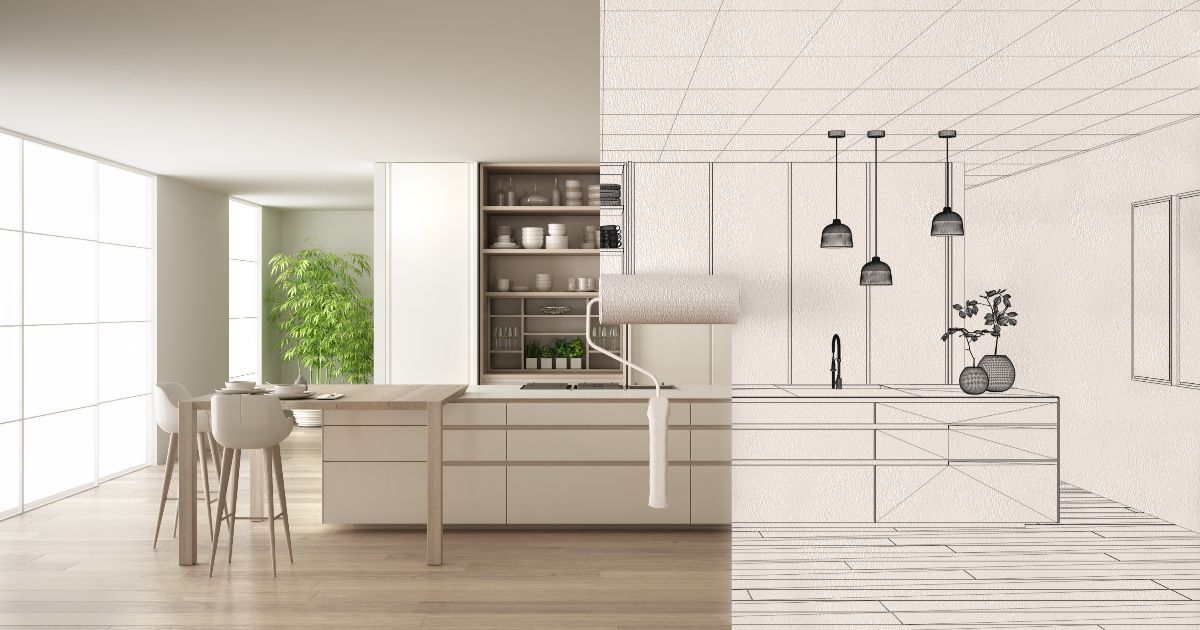 Half-finished kitchen remodel: painted side vs. blueprint sketch. Neutral tones, modern design, roller in place.