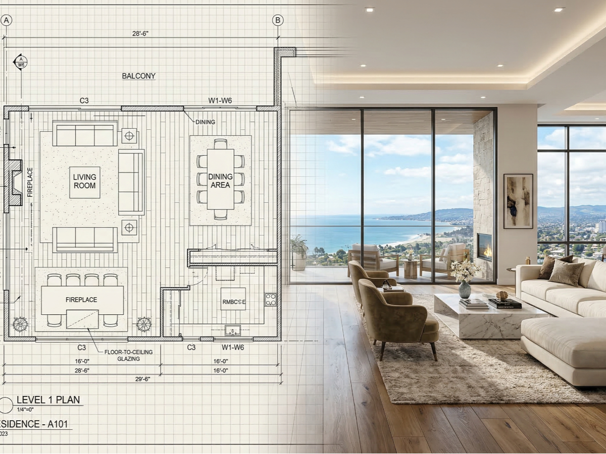 A floor plan blueprint overlaying a photograph of a modern, open-concept living room with an ocean view.