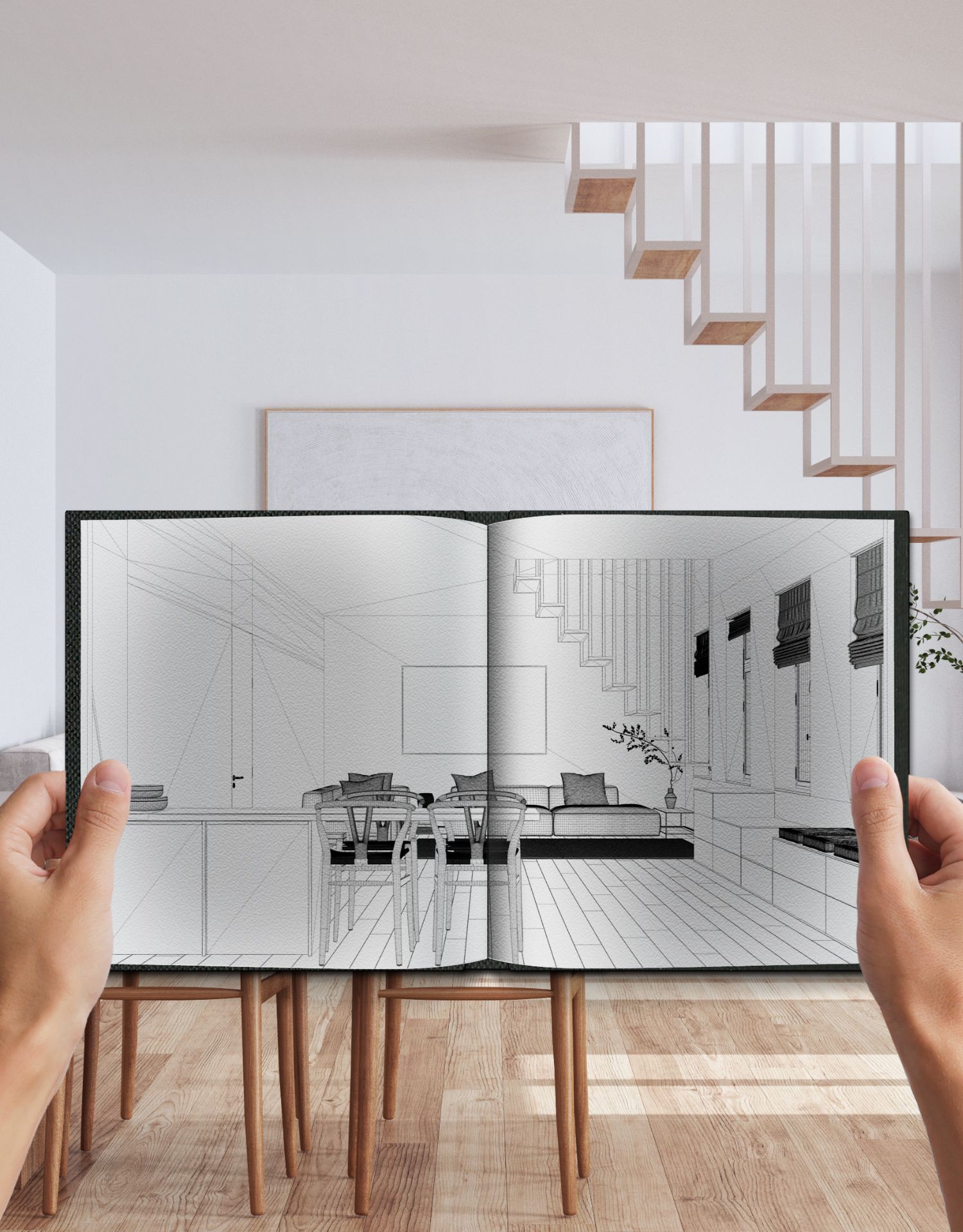 Hand holding paint swatches over interior design sketches, with art supplies on a desk.