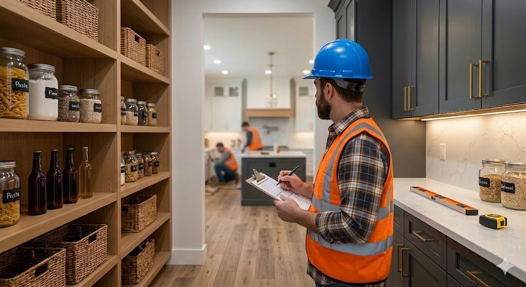 A construction supervisor in a hard hat and safety vest inspects a kitchen pantry, with workers in the background.