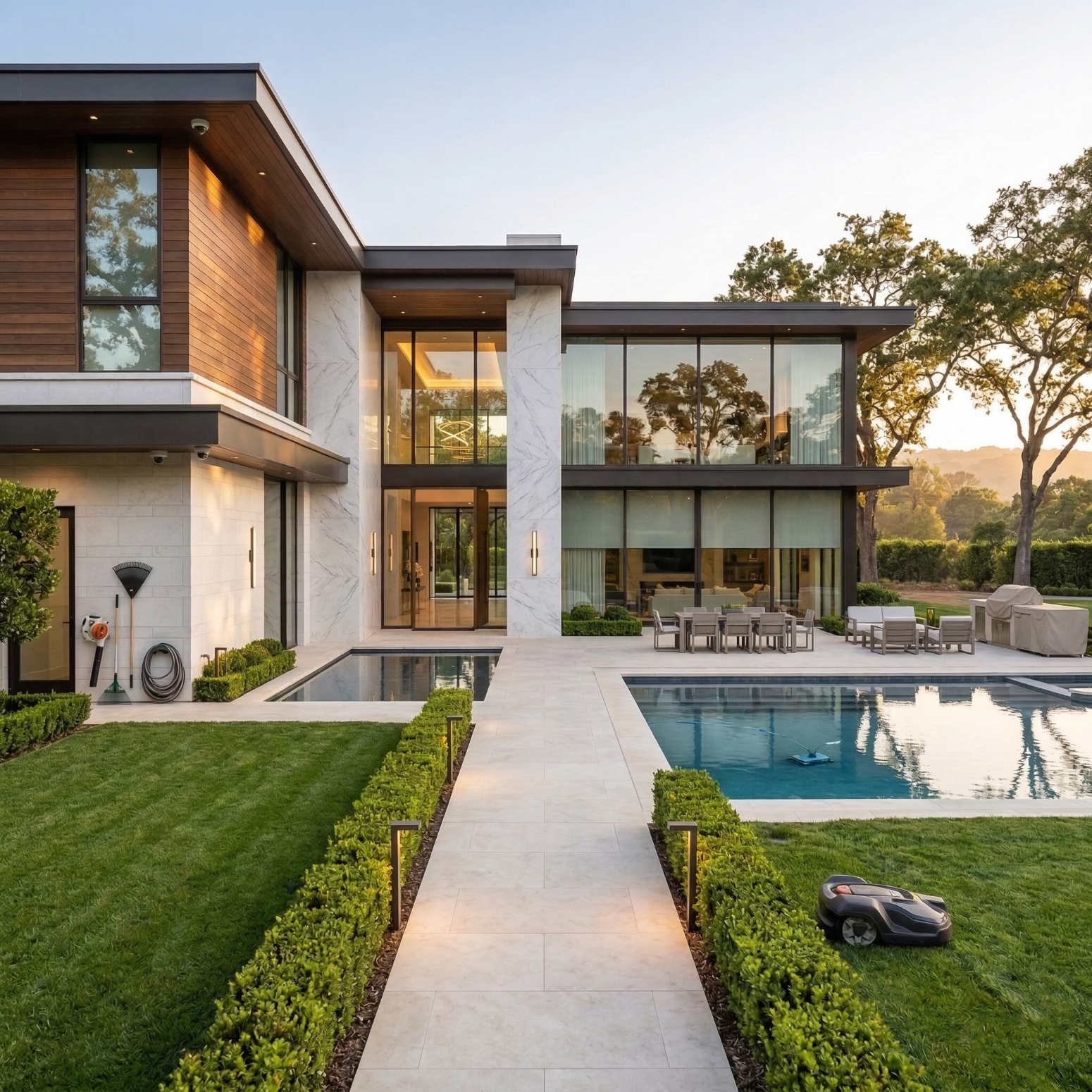 A modern two-story home with floor-to-ceiling windows, a swimming pool, and a manicured lawn at sunset.
