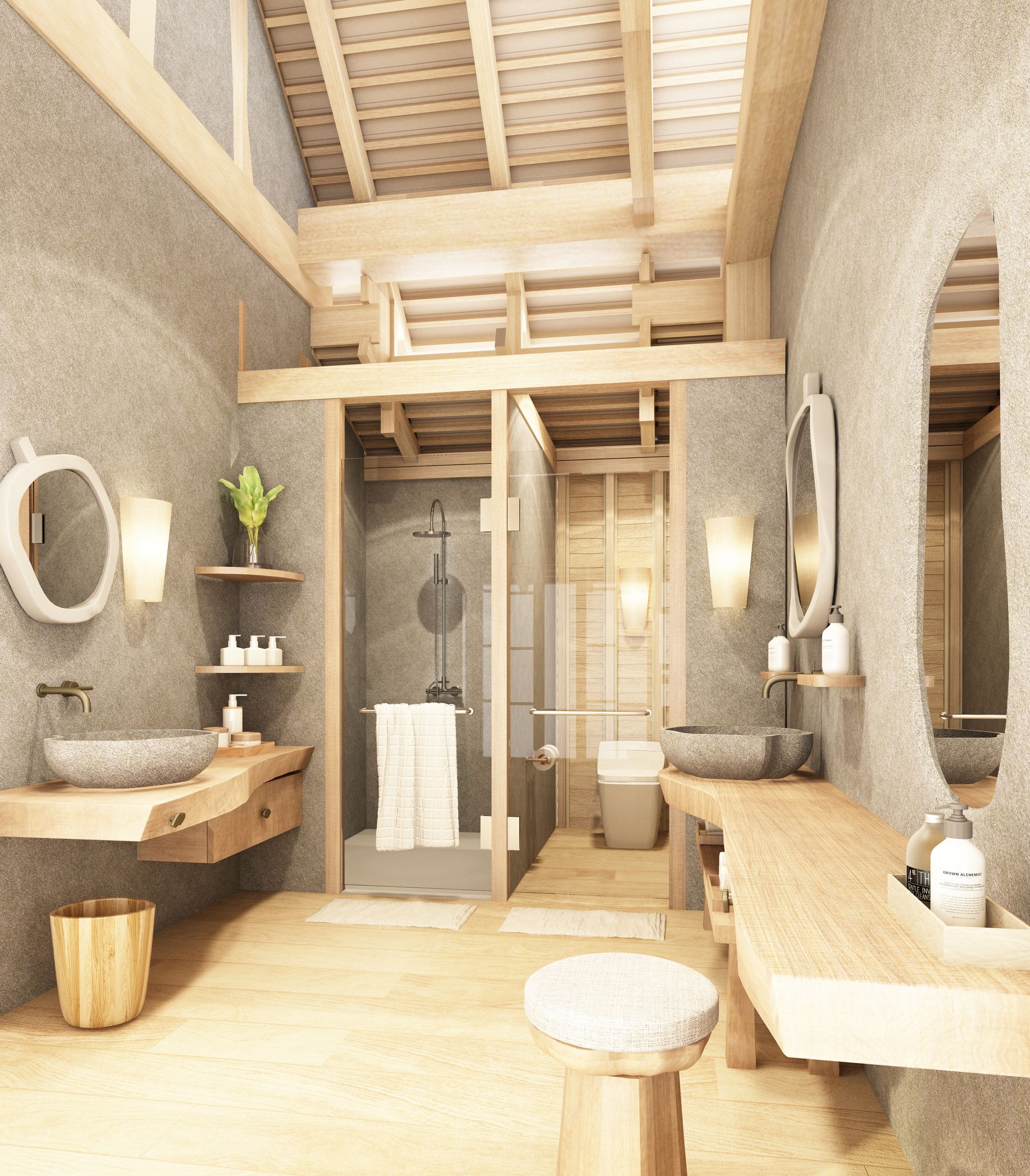 A rustic, open-concept bathroom with stone walls, wooden beams, dual live-edge vanities, and a central walk-in shower.