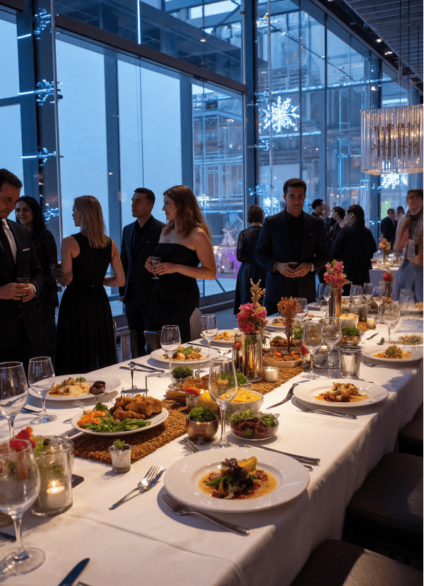 Elegant dinner party with guests, food, and city views through large windows.