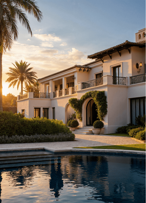 Luxurious white house with a pool, palm trees, and a sunset backdrop.