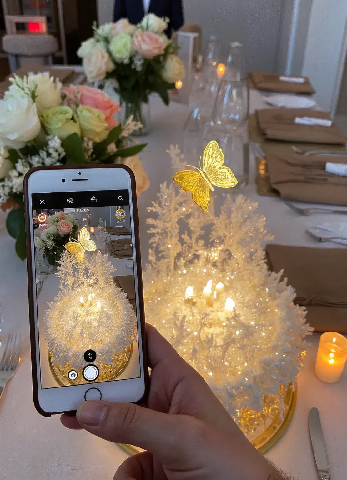 A hand holding a phone, taking a photo of a white wedding cake with gold butterflies and lights.