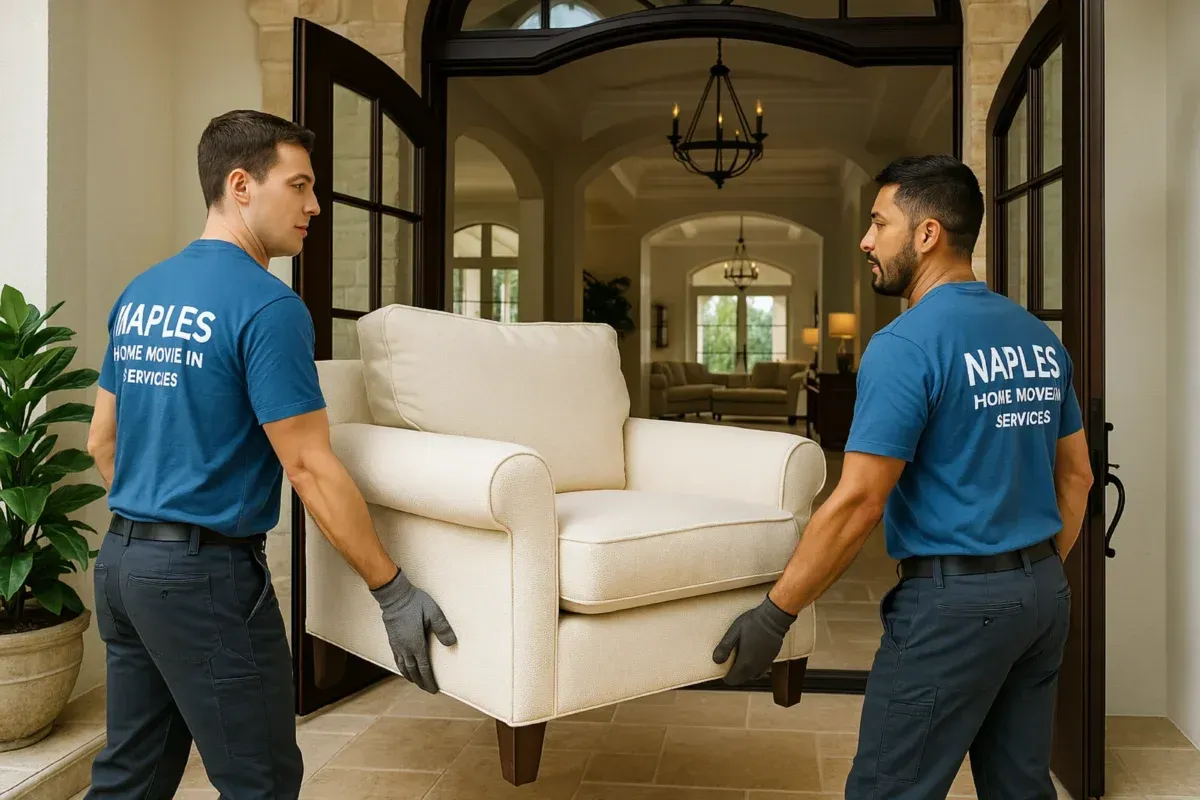 Two movers in blue shirts carrying a white armchair through an open doorway.